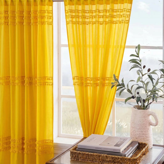 Alishomtll Boho Curtains for Living Room Semi Blackout Curtains with 8 Tassel Window Drapes Back Tab ,Mustard Yellow，52"Wx63"L，2 Panels