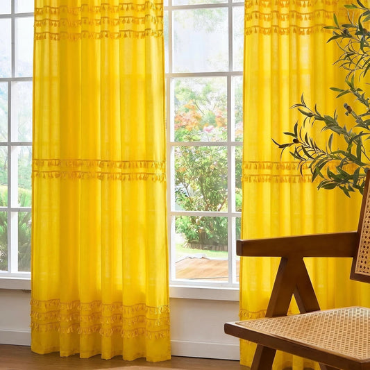 Alishomtll Boho Curtains for Living Room Semi Blackout Curtains with 8 Tassel Window Drapes Back Tab ,Mustard Yellow，52"Wx84"L，2 Panels