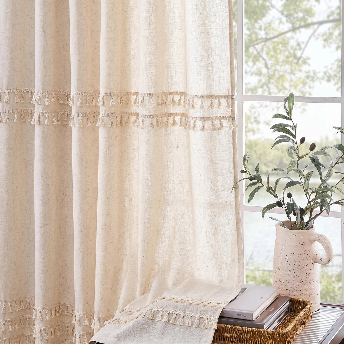 Alishomtll Boho Curtains for Living Room Semi Blackout Curtains with 8 Tassel Window Drapes Back Tab ,Natural，52"Wx63"L，2 Panels