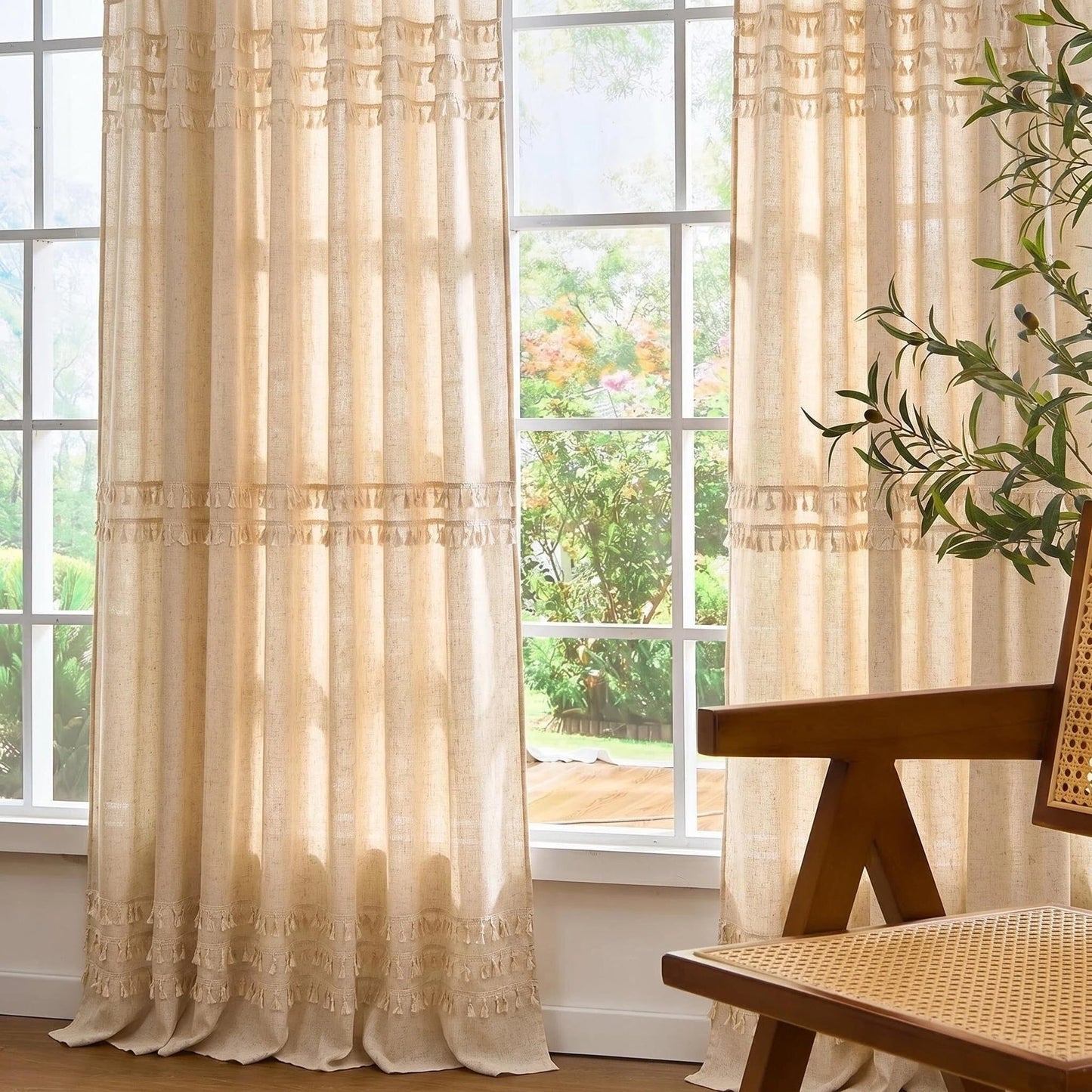 Alishomtll Boho Curtains for Living Room Semi Blackout Curtains with 8 Tassel Window Drapes Back Tab ,Natural，52"Wx84"L，2 Panels