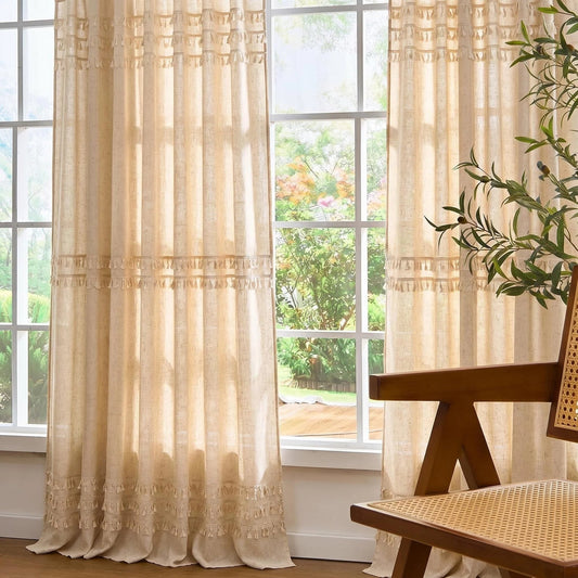 Alishomtll Boho Curtains for Living Room Semi Blackout Curtains with 8 Tassel Window Drapes Back Tab ,Natural，52"Wx84"L，2 Panels