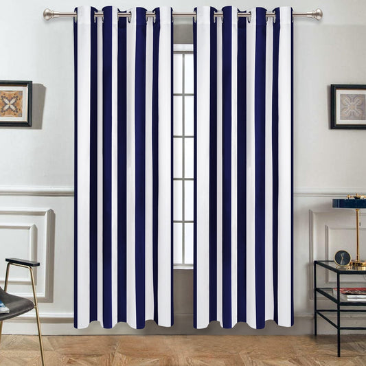 Alishomtll Curtains Satin Light Filtering Grommet Window Drapes For Bedroom Living Room,52”X 63”L,2 Panels,Blue White Striped