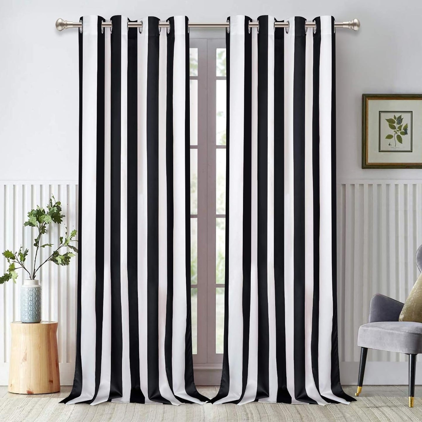 Alishomtll Curtains Satin Light Filtering Grommet Window Drapes For Bedroom Living Room,52”X 84”L,2 Panels,Black White Striped