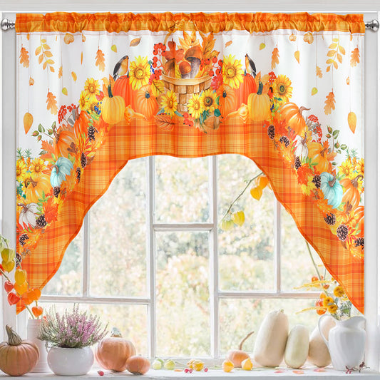 Alishomtll Fall Valance Kitchen Curtains Swag Pumpkin Sunflower Autumn Leaves Window Drapes Thanksgiving ,61" W x 36" L,Rod Pocket