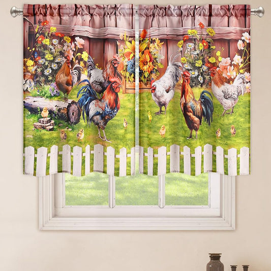 Alishomtll Farmhouse Rooster Kitchen Curtains Floral Rustic Rod Pocket Living Room Bedroom Small Window Drapes, 30''W x 36''L,2 Panels