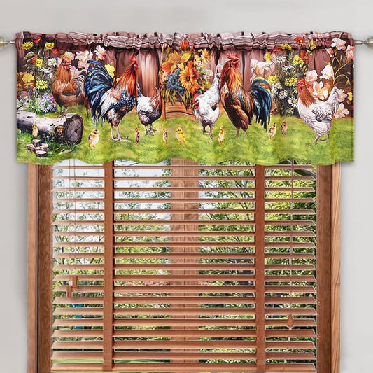 Alishomtll Farmhouse Rooster Valances Curtains for Kitchen Floral Rustic Rod Pocket Living Room Bedroom Small Window Drapes, 60''W x 18''L