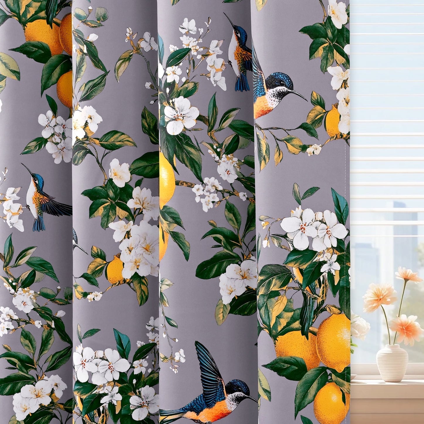 Alishomtll Floral Lemon Hummingbird Blackout Curtains Room Darkening Grommet Window Drapes for Living Room , 52"x84", ,Set of 2 Panels,Grey