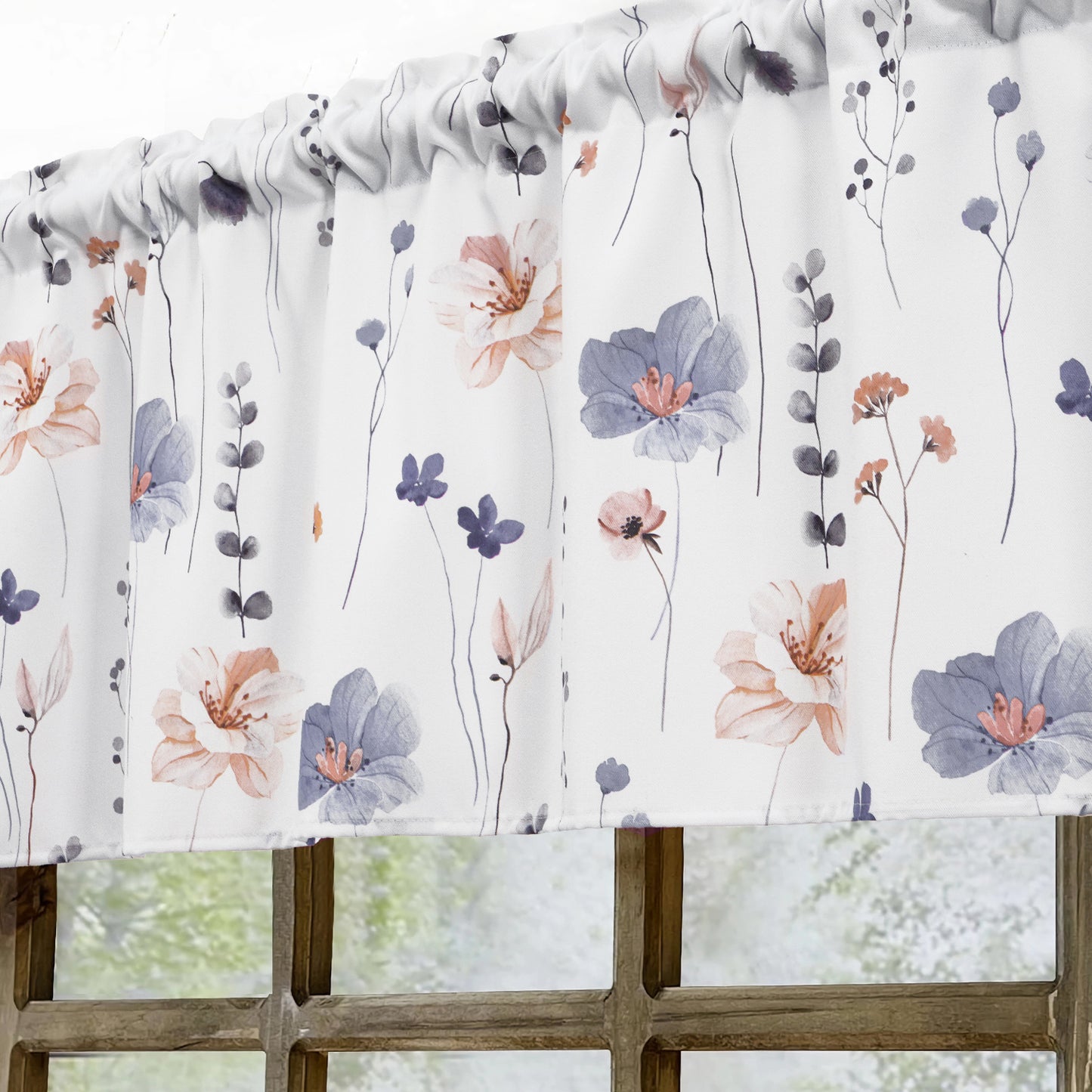 Alishomtll Floral Valance Curtains Kitchen Blue Wildflower Flower Leaf Windows Drapes,52 x 18 inch,Rod Pocket