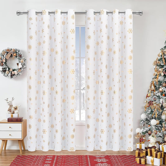Alishomtll Gold Snowflake Foil Print Christmas Blackout Curtains, Christmas Grommet Window Curtains Drapes, 104" x 84", White