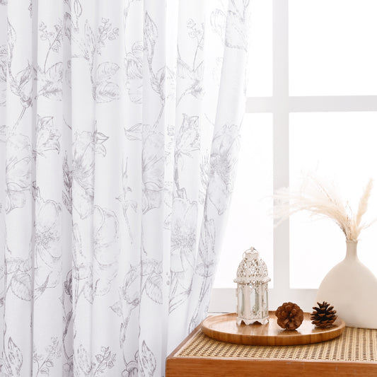 Alishomtll Grey Floral Curtains Linen Farmhouse Curtains for Living Room 63 inch Country Curtains Grommet Top Semi Sheer Curtains Light Filtering ,2 Panels