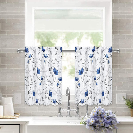 Alishomtll Kitchen Curtains Blue Floral Watercolor Print Tier Curtains Light Filtering Rod Pocket Small Window Curtain Sets,26"Wx24"L,2 Panels
