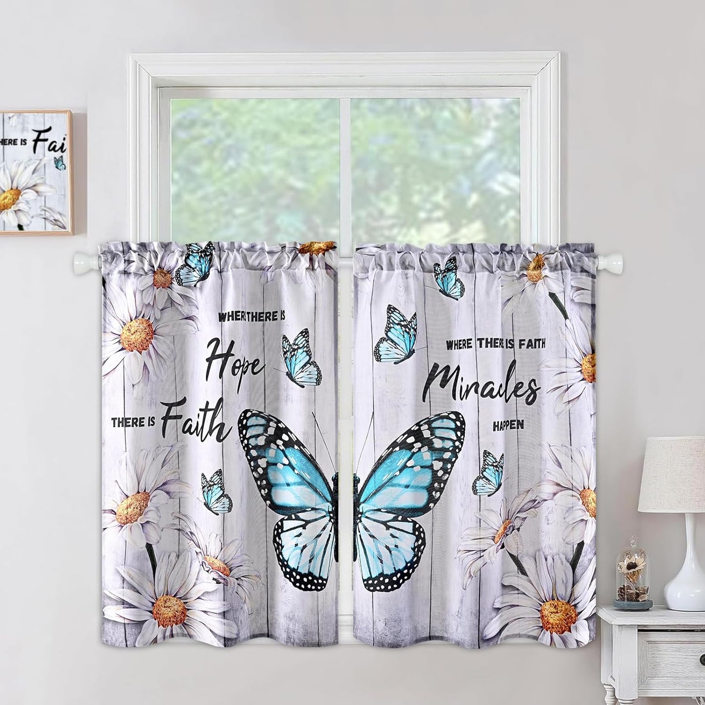 Alishomtll Kitchen Curtains Butterfly Floral Print Window Curtain Tier Sets Rod Pocket, 26"Wx36"L,2 Panels,Gray