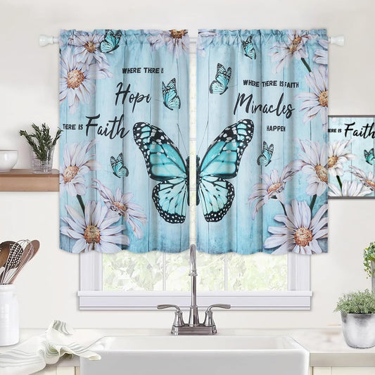 Alishomtll Kitchen Curtains Butterfly Floral Print Window Curtain Tier Sets Rod Pocket, 26"Wx36"L,2 Panels,Teal