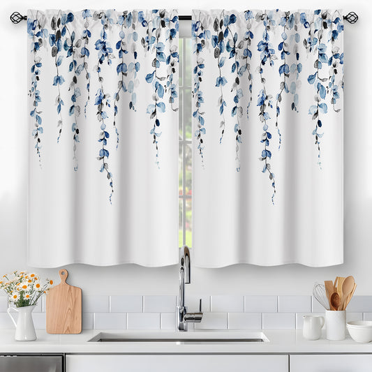 Alishomtll Kitchen Curtains Grey Blue Watercolor Leaves Print Tier Windows Drapes Sets 36 Inch ,Rod Pocket