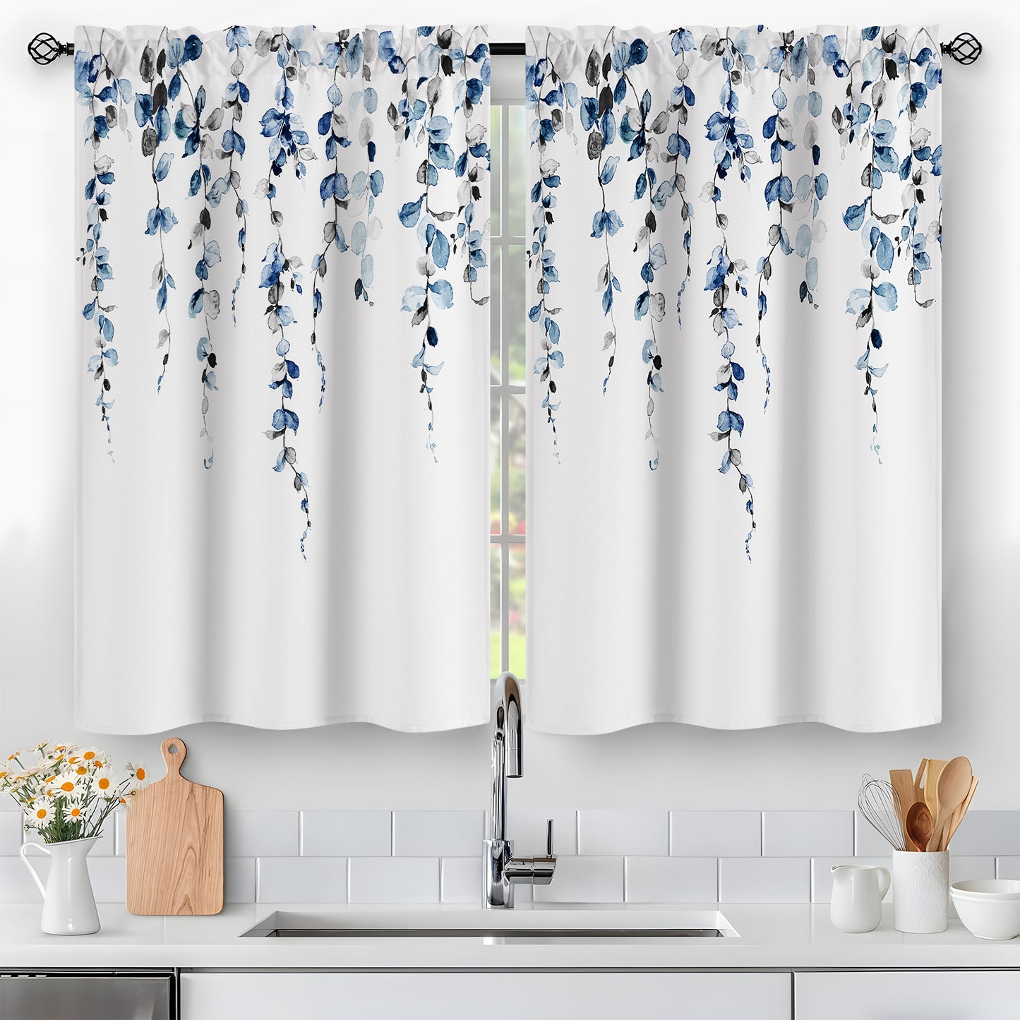 Alishomtll Kitchen Curtains Grey Blue Watercolor Leaves Print Tier Windows Drapes Sets 36 Inch ,Rod Pocket