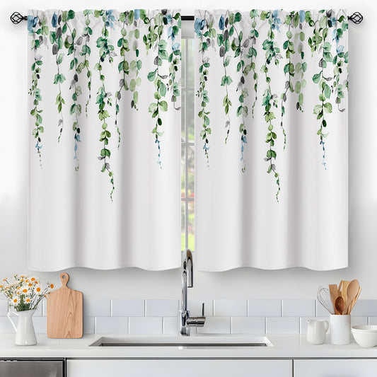 Alishomtll Kitchen Curtains Grey Green Watercolor Leaves Print Tier Windows Drapes Sets 36 Inch ,Rod Pocket