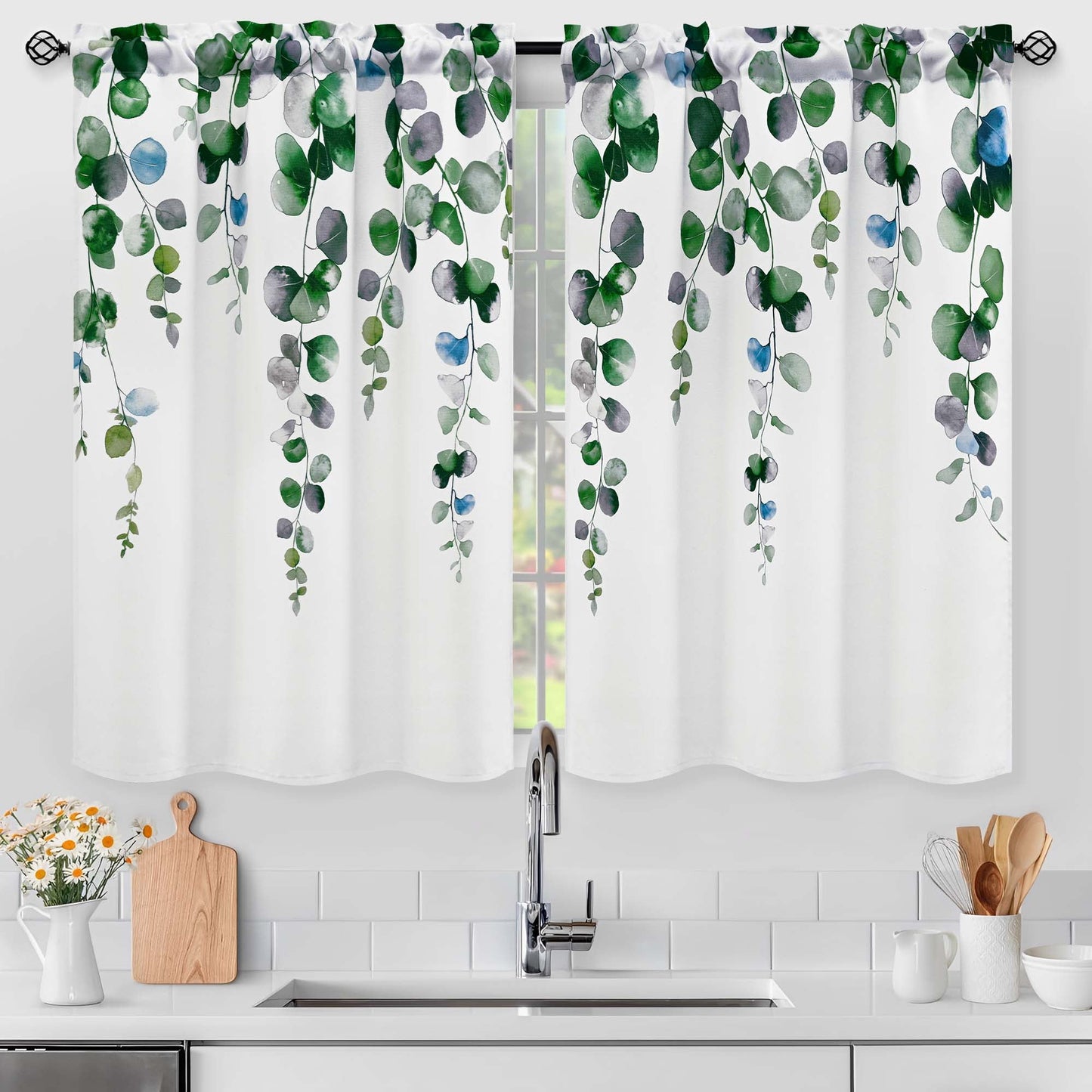Alishomtll Kitchen Curtains Grey Green Watercolor Leaves Print Tier Windows Drapes Sets 36 Inch ,Rod Pocket