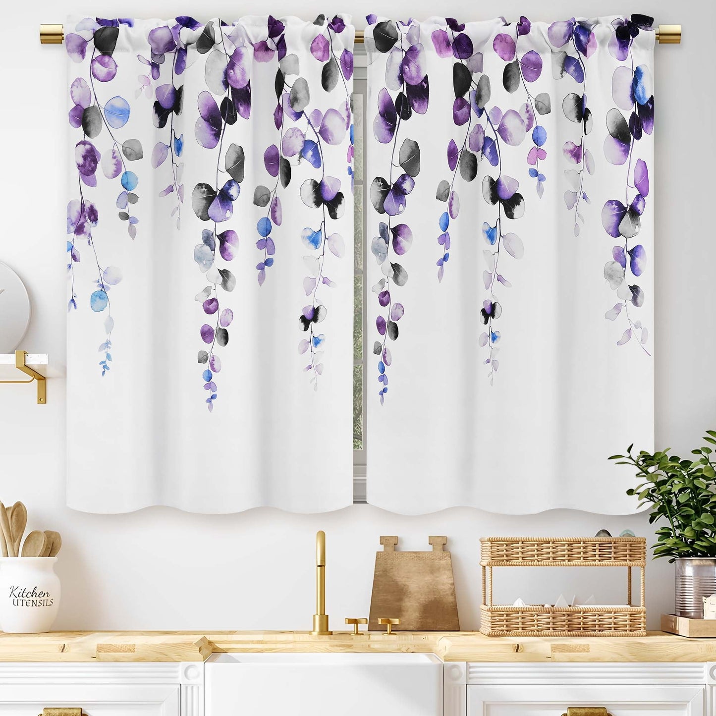 Alishomtll Valance Curtains for Living Room Bedroom Kitchen Windows Grey Purple Watercolor Leaves Print ,52 x 18 inch,Rod Pocket
