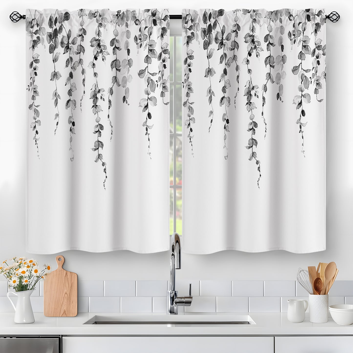 Alishomtll Kitchen Curtains Grey Watercolor Leaves Print Tier Windows Drapes Sets 36 Inch ,Rod Pocket