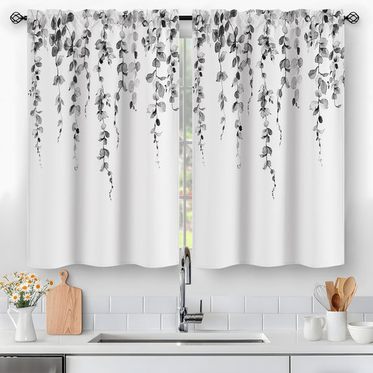 Alishomtll Kitchen Curtains Grey Watercolor Leaves Print Tier Windows Drapes Sets 36 Inch ,Rod Pocket