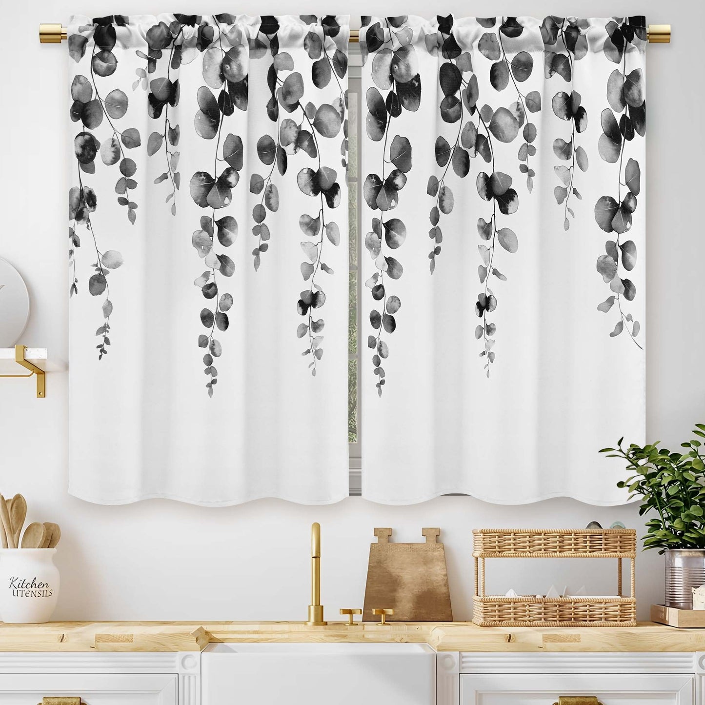 Alishomtll Kitchen Curtains Grey Watercolor Leaves Print Tier Windows Drapes Sets 36 Inch ,Rod Pocket