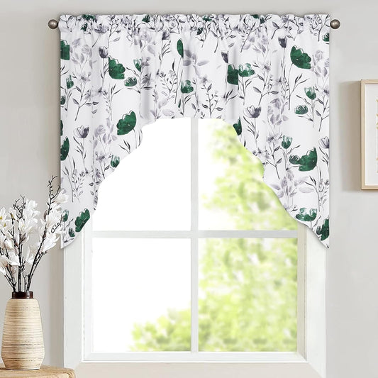 Alishomtll Kitchen Curtains Valances Swags for Windows Green Floral Printed Window Drapes, 61" W x 36"