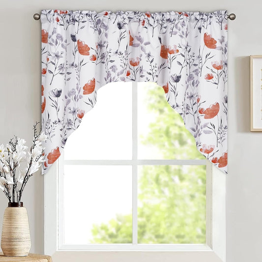 Alishomtll Kitchen Curtains Valances Swags for Windows Orange Floral Printed Window Drapes, 61" W x 36"