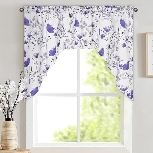 Alishomtll Kitchen Curtains Valances Swags for Windows Purple Floral Printed Window Drapes, 61" W x 36"