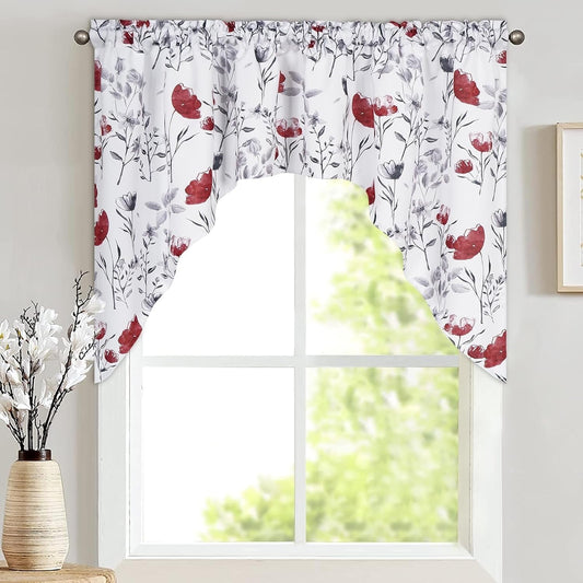 Alishomtll Kitchen Curtains Valances Swags for Windows Red Floral Printed Window Drapes, 61" W x 36"