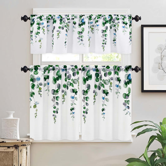 Alishomtll Kitchen Curtains and Valances Sets Grey Green Watercolor Leaves Print Kitchen Curtains 3 Piece Set 36 Inches Long,Rod Pocket