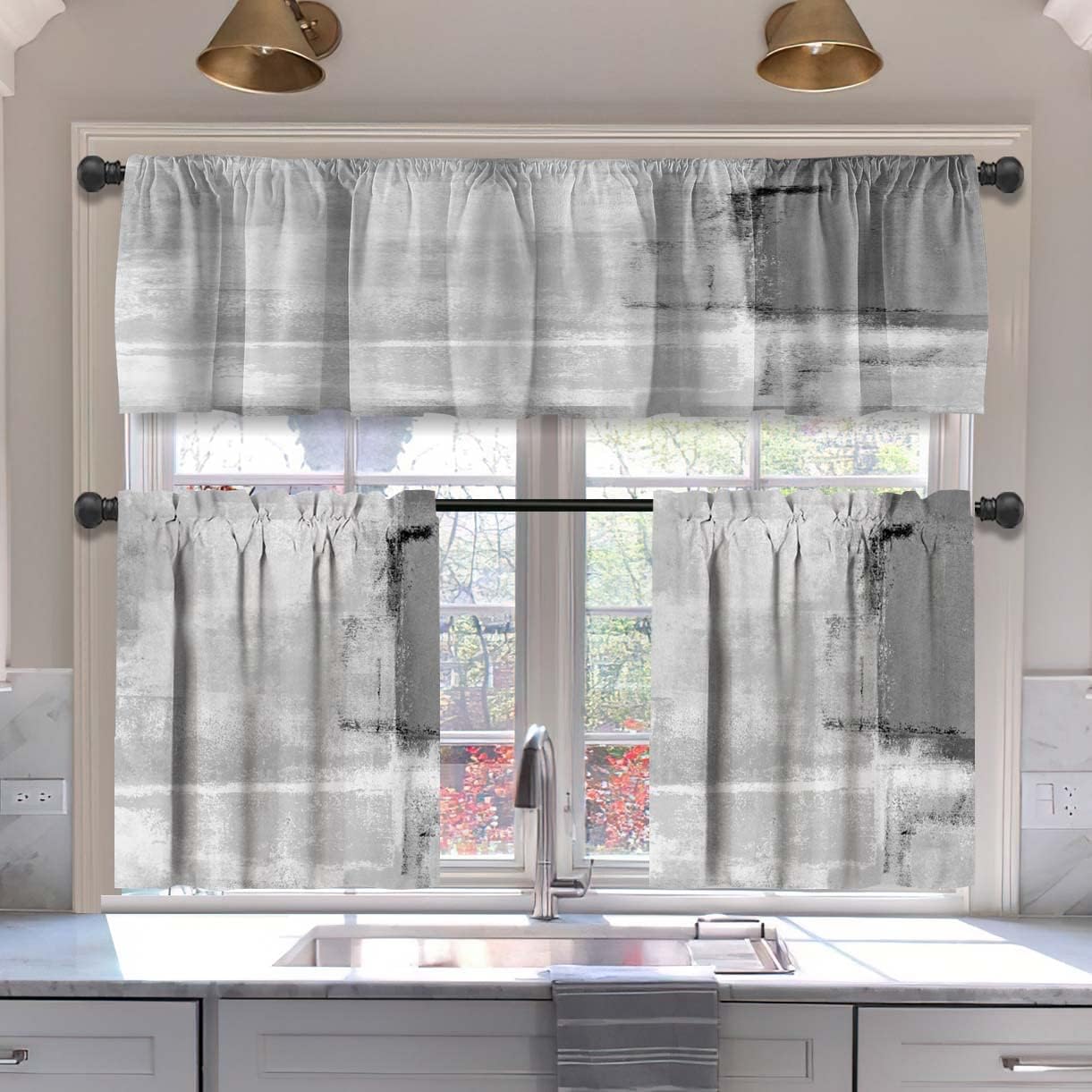 Alishomtll Kitchen Curtains and Valances Sets Grey Rod Pocket Kitchen Curtains 3 Piece Set 36 Inches Long
