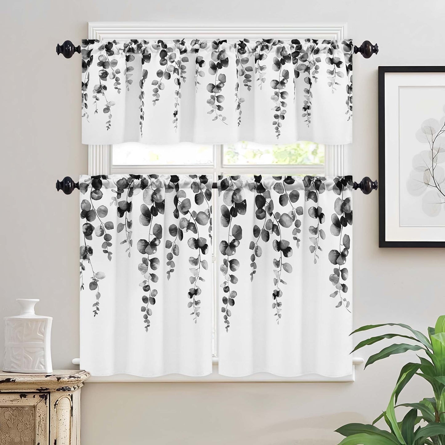Alishomtll Kitchen Curtains and Valances Sets Grey Watercolor Leaves Print Kitchen Curtains 3 Piece Set 36 Inches Long,Rod Pocket