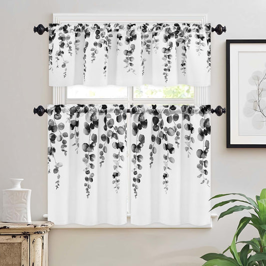 Alishomtll Kitchen Curtains and Valances Sets Grey Watercolor Leaves Print Kitchen Curtains 3 Piece Set 36 Inches Long,Rod Pocket