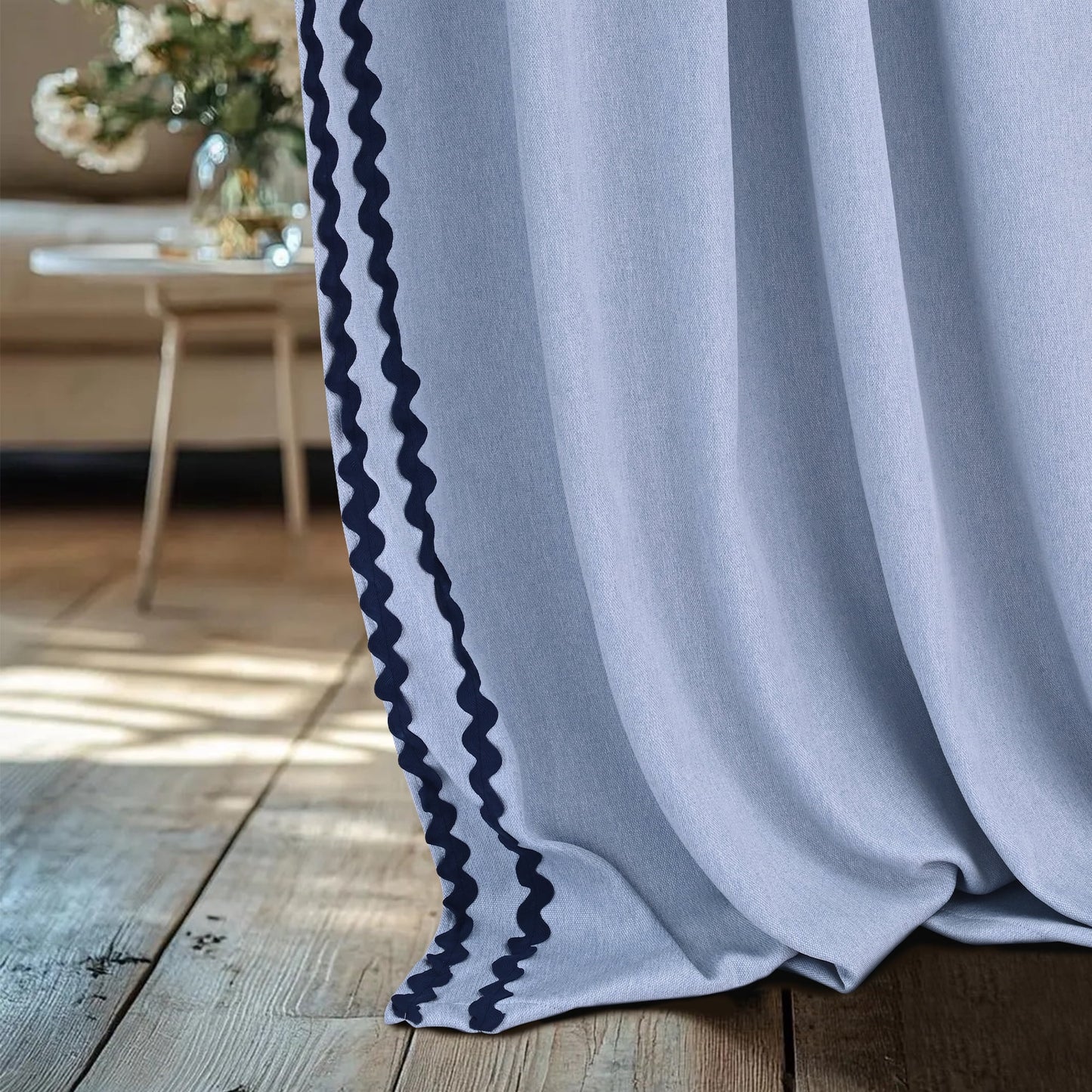 Alishomtll Blue Scalloped Rod Pocket Back Tab Blackout Curtains Set of 2,52"x 84",Thick Linen