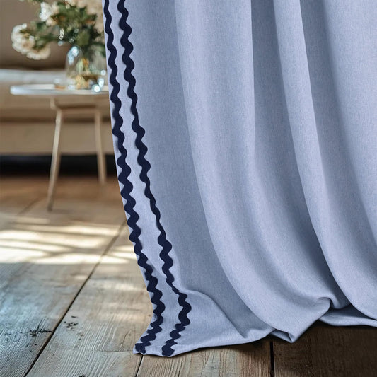Alishomtll Blue Scalloped Rod Pocket Back Tab Blackout Curtains Set of 2,52"x 84",Thick Linen