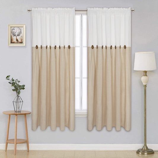 Alishomtll Linen Curtains Farmhouse Boho Button Light Filtering Window Drapes For Living Room Bedroom,Rod Pocket,63"L x 52"W, 2 Panel,Linen White