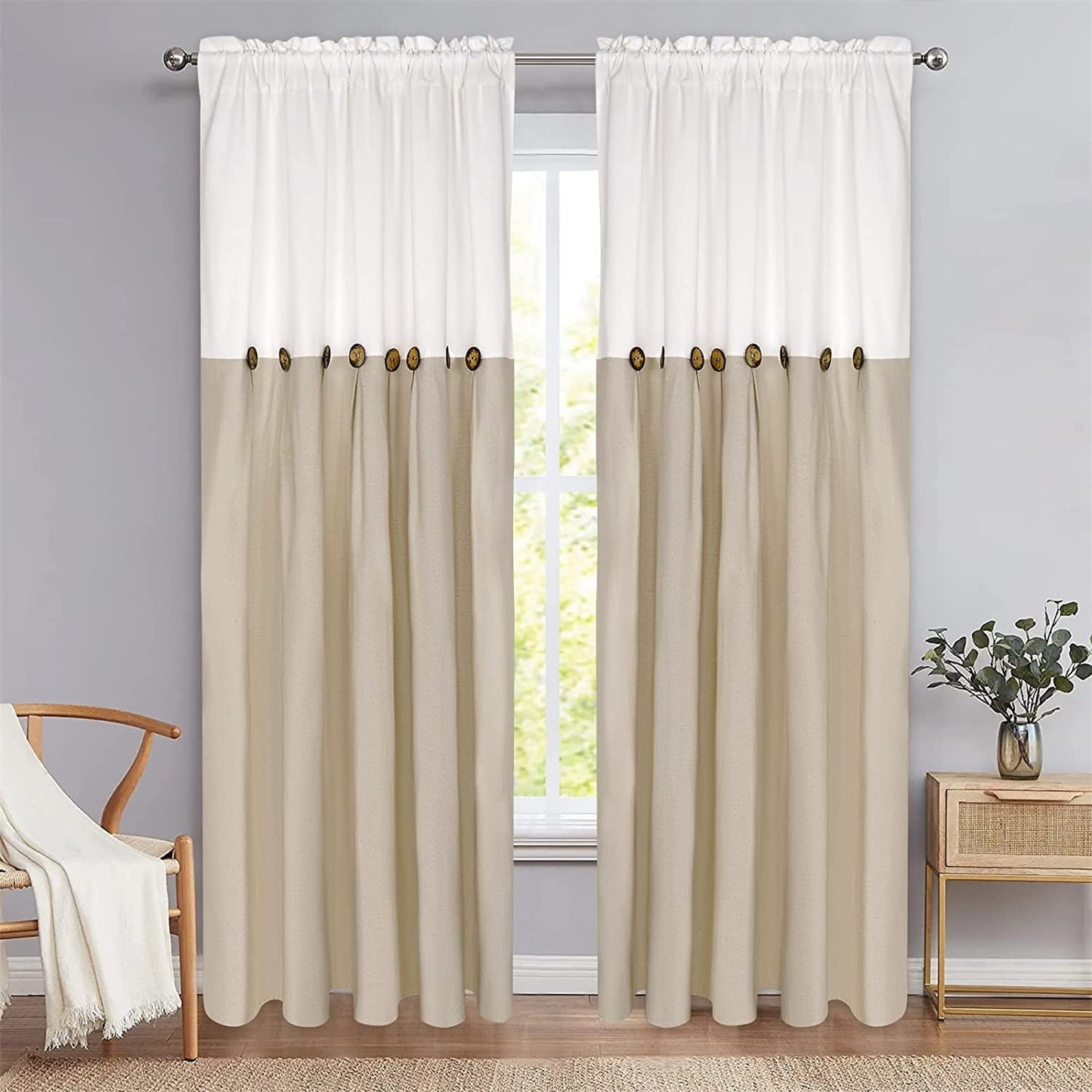Alishomtll Linen Curtains Farmhouse Boho Button Light Filtering Window Drapes For Living Room Bedroom,Rod Pocket,84"L x 52"W, 2 Panel,Linen White