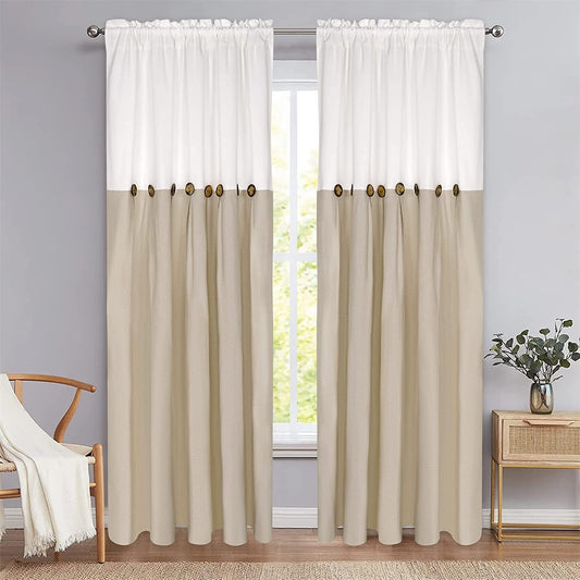 Alishomtll Linen Curtains Farmhouse Boho Button Light Filtering Window Drapes For Living Room Bedroom,Rod Pocket,84"L x 52"W, 2 Panel,Linen White