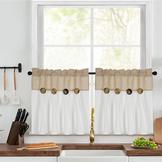 Alishomtll Linen Kitchen Curtains 24 inch Farmhouse Boho Button Light Filtering Window Drapes,Rod Pocket,24"L x 26"W, 2 Panel,White Linen