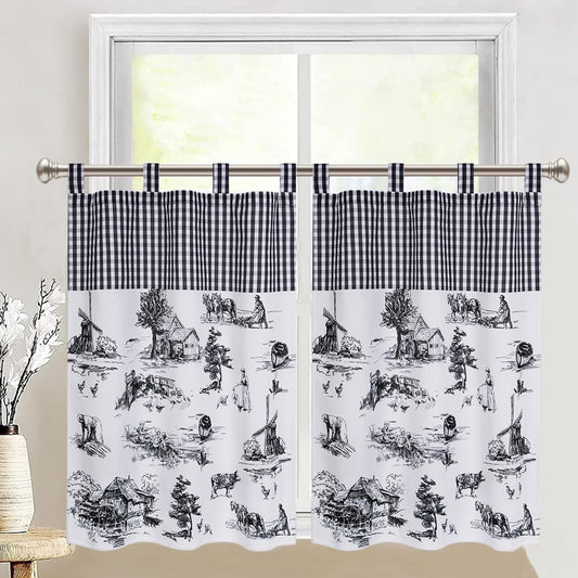 Alishomtll Linen Toile Tier Curtains for Kitchen Buffalo Plaid Short Window Curtain Sets ,Black and White