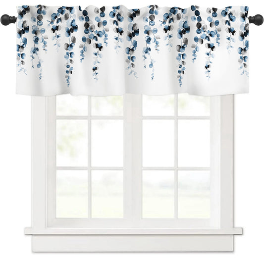 Alishomtll Valance Curtains for Living Room Bedroom Kitchen Windows Grey Blue Watercolor Leaves Print ,52 x 18 inch,Rod Pocket