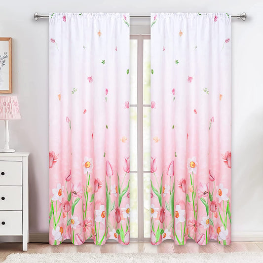 Alishomtll Pink Curtains Rod Pocket Light Filtering Floral Print Ombre Drapes for Living Room Bedroom,2 Panels