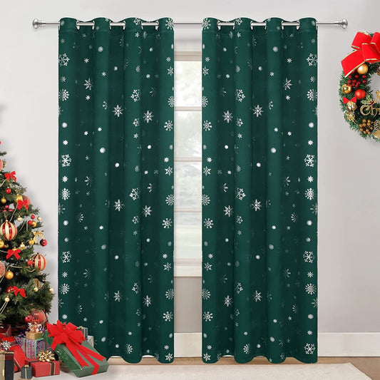 Alishomtll Snowflake Foil Print Christmas Blackout Curtains, Christmas Grommet Window Curtains Drapes, 104" x 84", Green