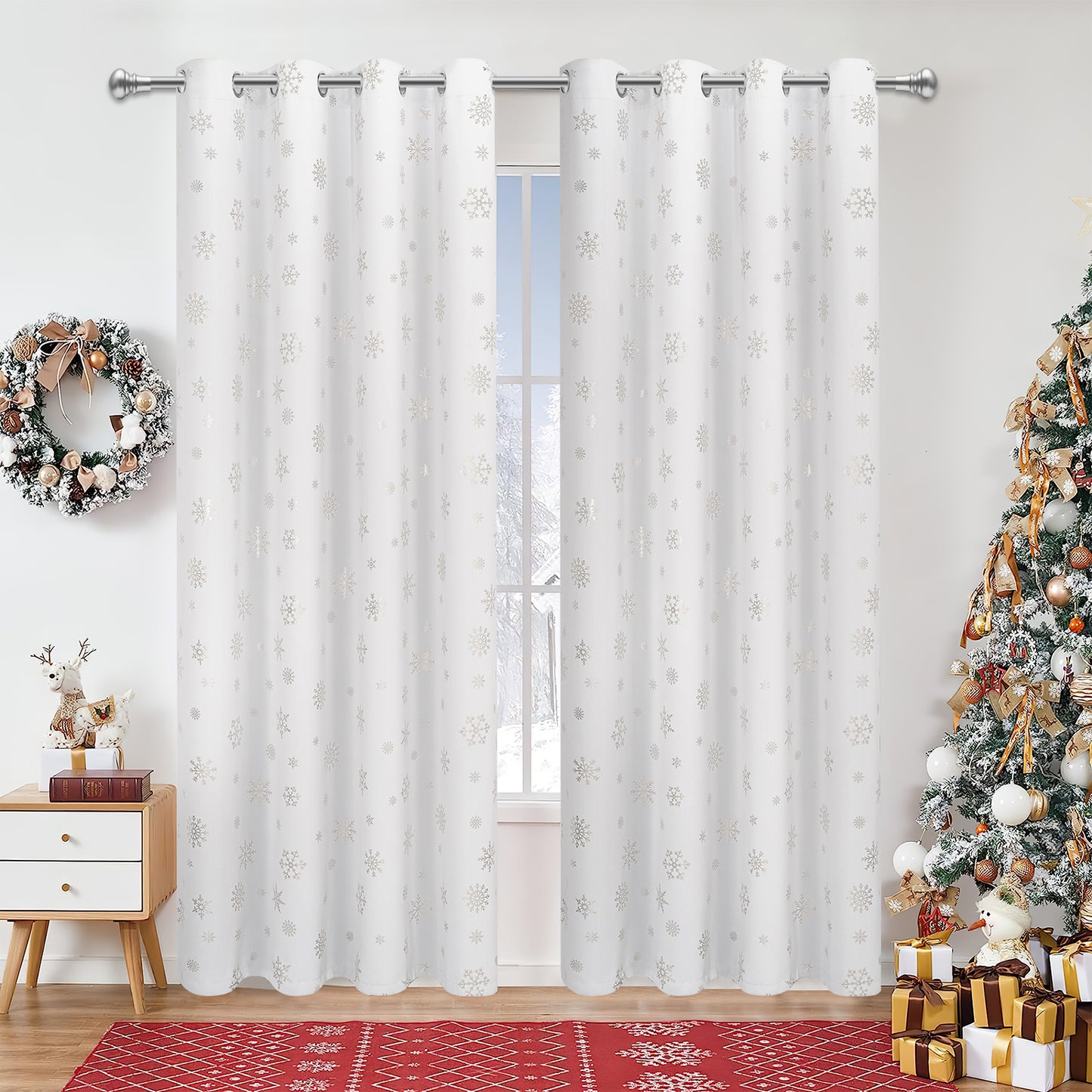 Alishomtll Snowflake Foil Print Christmas Blackout Curtains, Christmas Grommet Window Curtains Drapes, 104" x 84", White