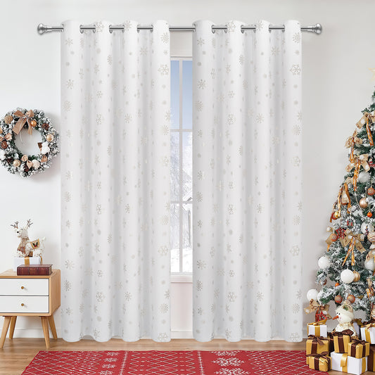 Alishomtll Snowflake Foil Print Christmas Blackout Curtains, Christmas Grommet Window Curtains Drapes, 104" x 84", White