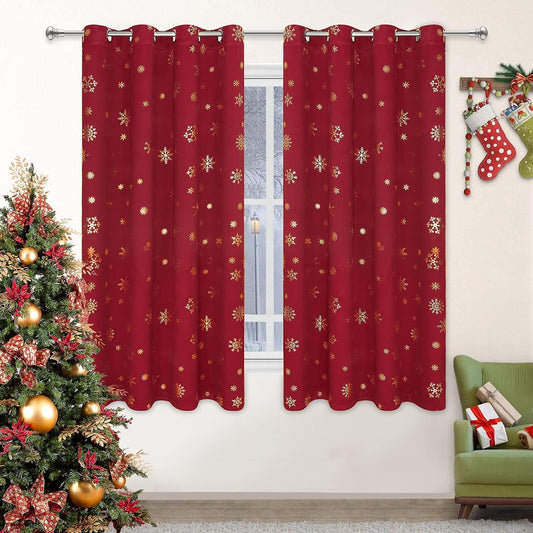 Alishomtll Snowflake Foil Print Christmas Blackout Curtains, Christmas Grommet Window Curtains Drapes, 52" x63", Red, Set of 2 Panels