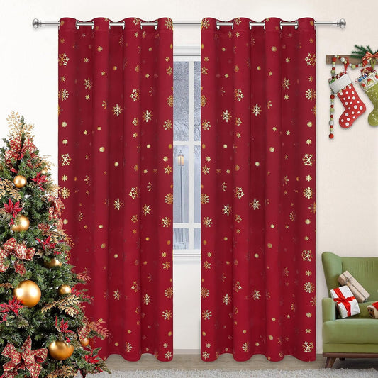 Alishomtll Snowflake Foil Print Christmas Blackout Curtains, Christmas Grommet Window Curtains Drapes, 52" x84", Red, Set of 2 Panels