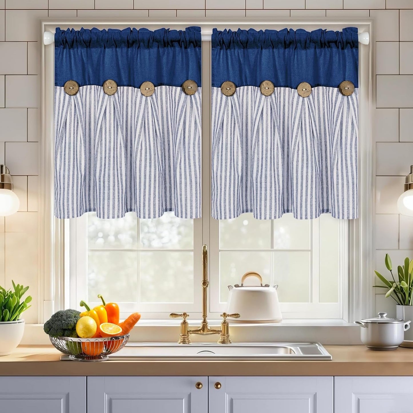 Alishomtll Stripe Kitchen Curtains 8 Button Linen Cotton Window Curtains Sets 24 Inches Long ,Rod Pocket