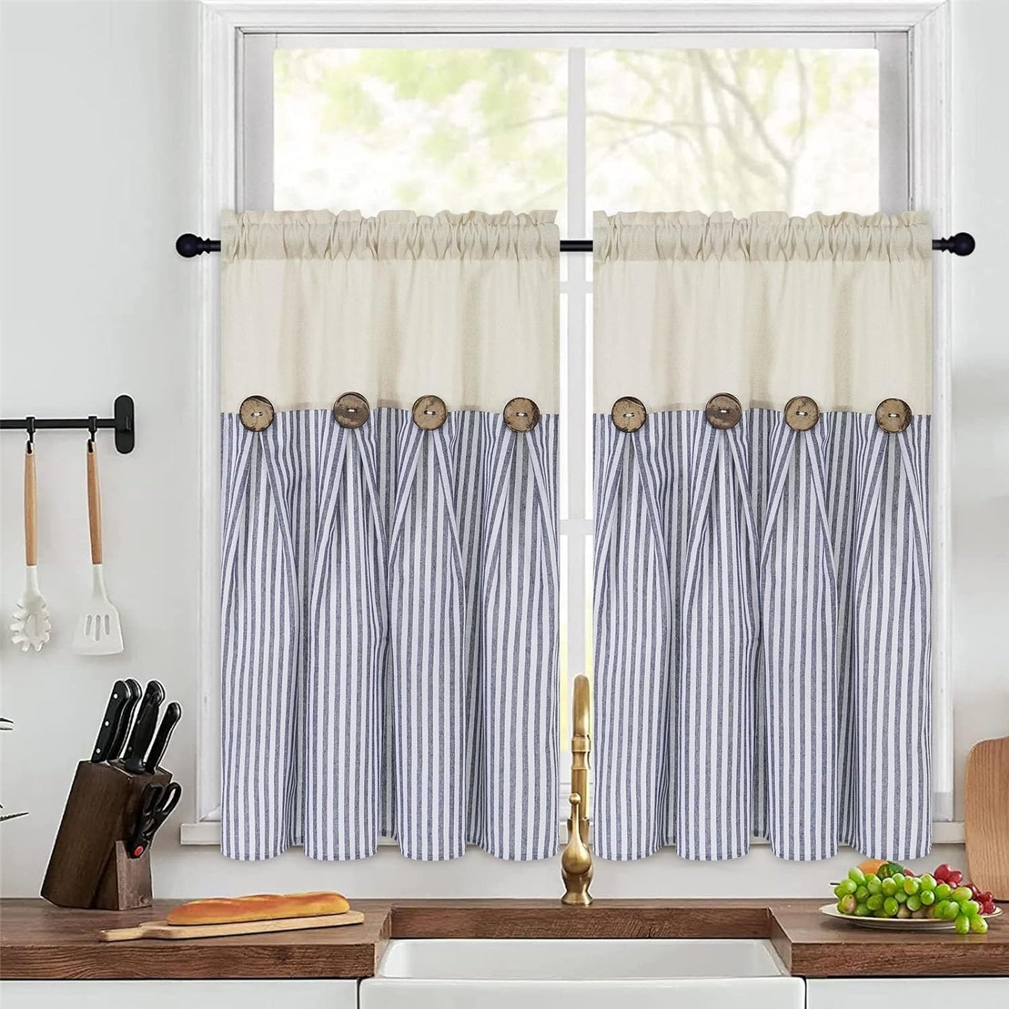 Alishomtll Stripe Kitchen Curtains 8 Button Linen Cotton Window Curtains Sets 36 Inches Long ,Rod Pocket