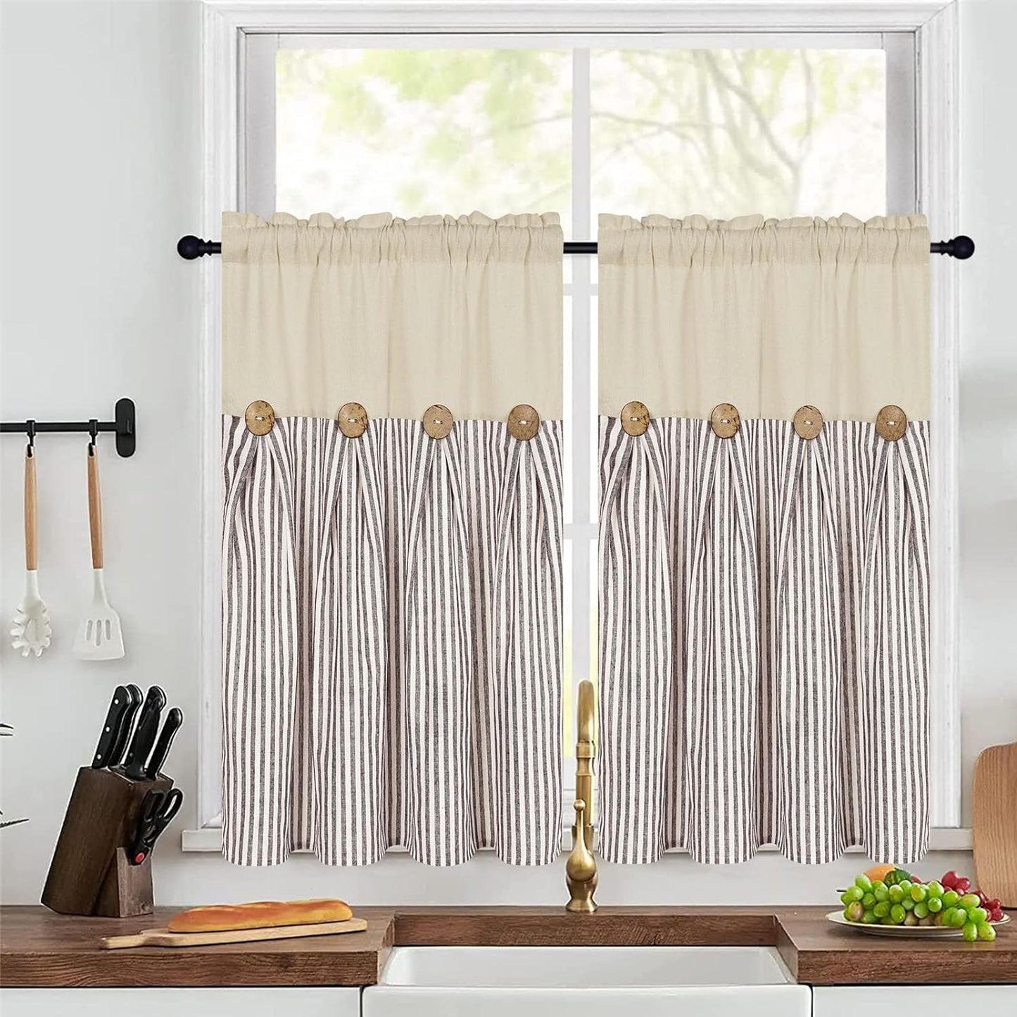 Alishomtll Stripe Kitchen Curtains 8 Button Linen Cotton Window Curtains Sets 36 Inches Long ,Rod Pocket